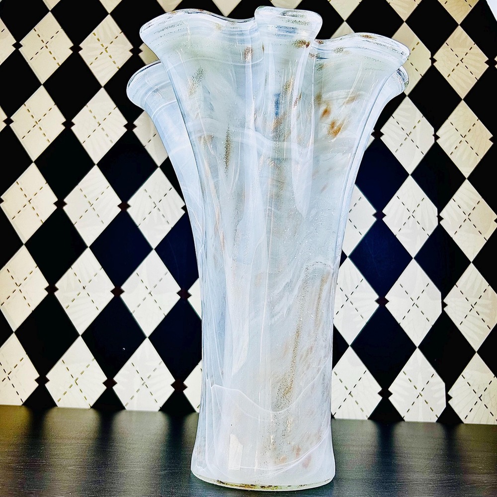 White Opaline Art Glass Vase 15" Ruffled Aventurine Statement - Picture 13 of 17
